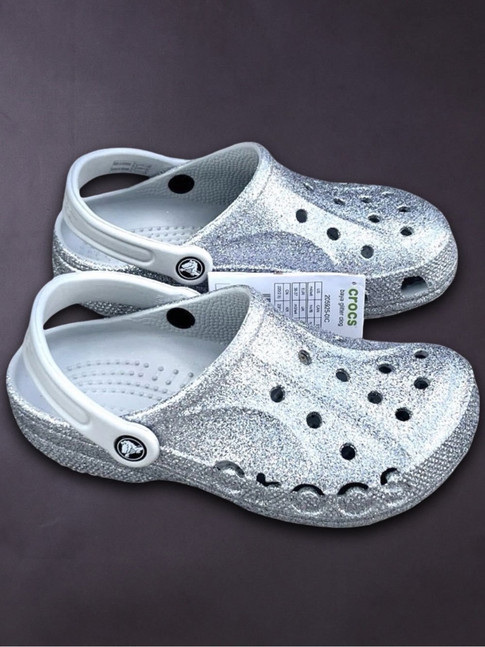 Crocs Baya Silver Glitter Sparkle Clogs Women’s Size 6 Comfort Slip On Shoes